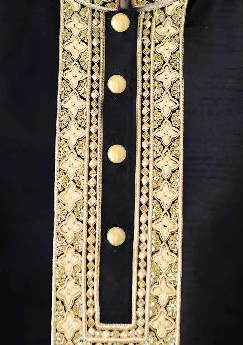 Black Embroidered Silk Blend Kurta Set - Indya
