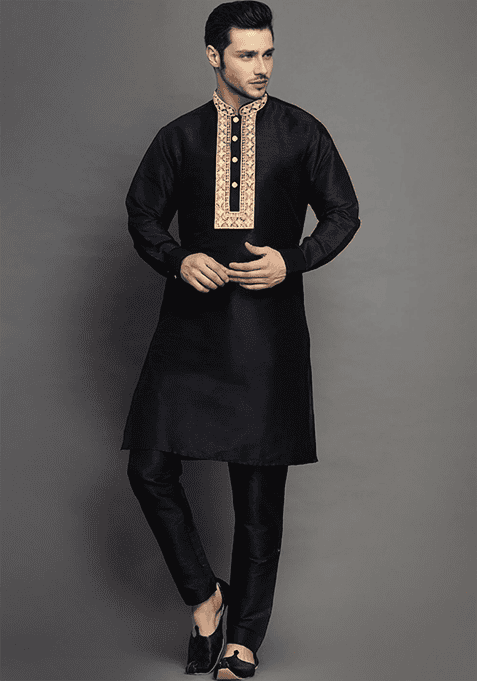 Black Embroidered Silk Kurta Set