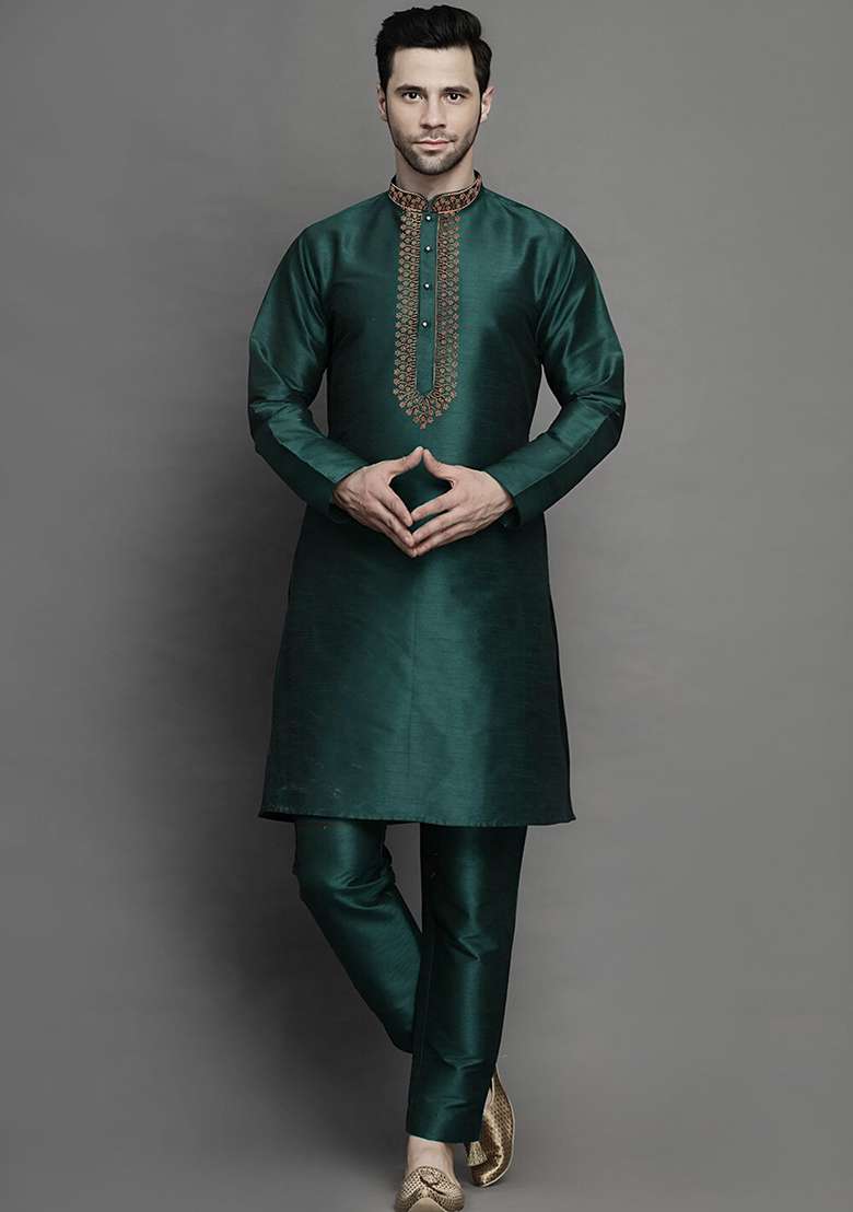 Bottle Green Embroidered Silk Blend Kurta Set - Indya