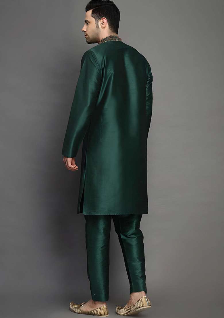 Bottle Green Embroidered Silk Blend Kurta Set - Indya