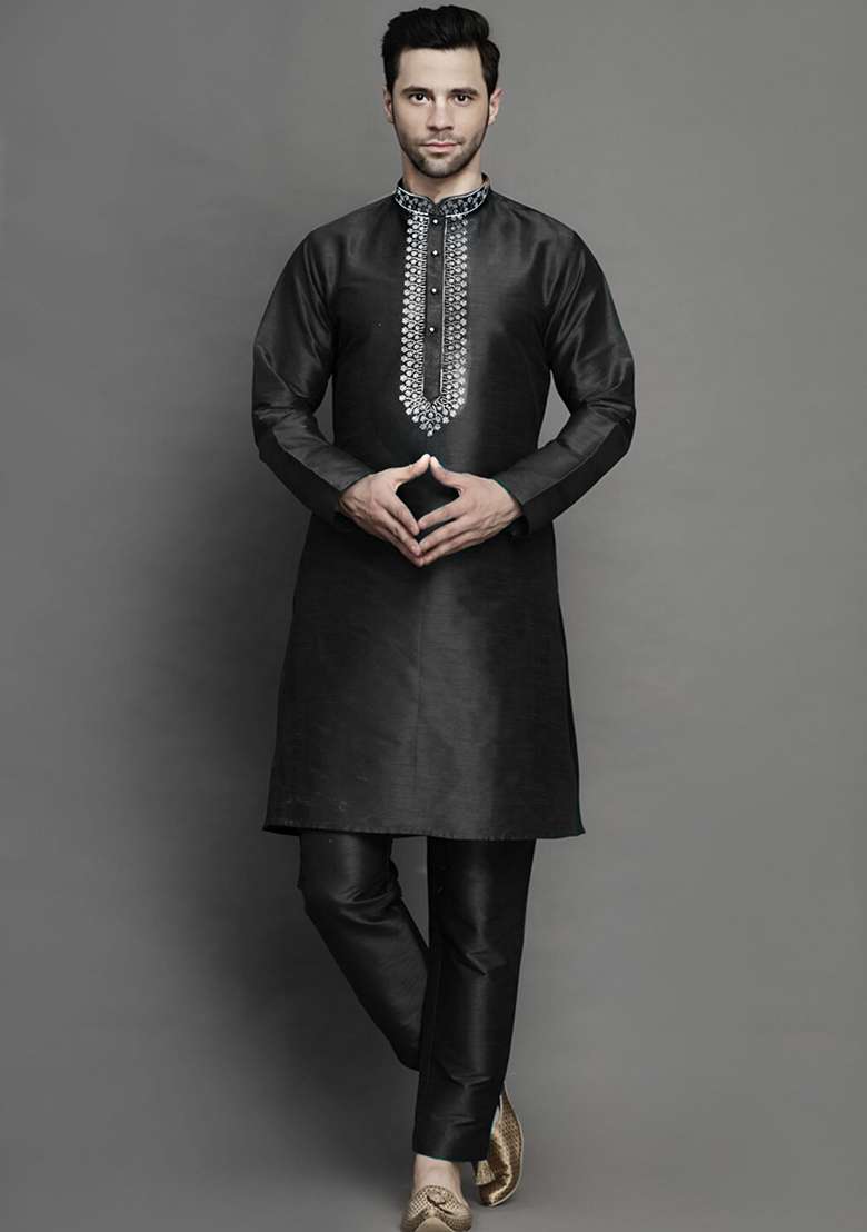 Black Embroidered Silk Blend Kurta Set - Indya