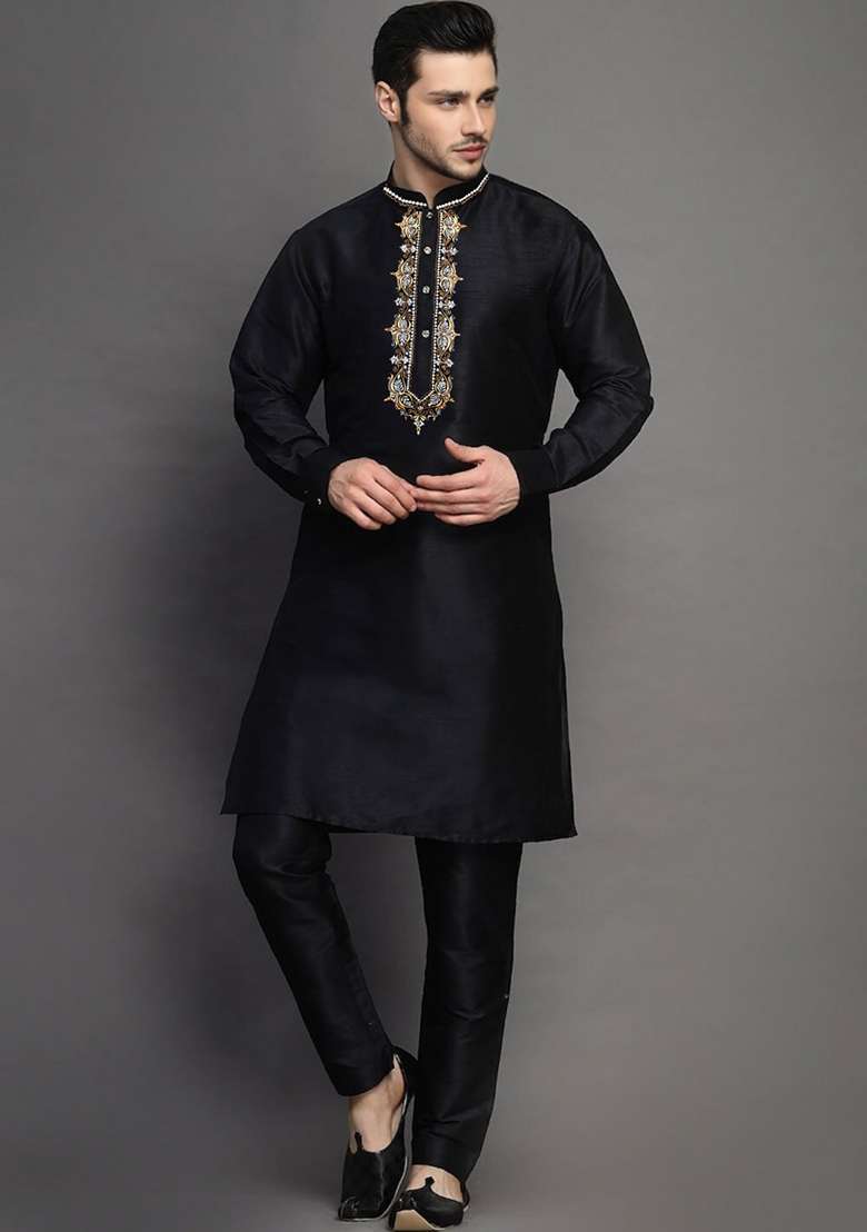 Black Embroidered Silk Blend Kurta Set - Indya