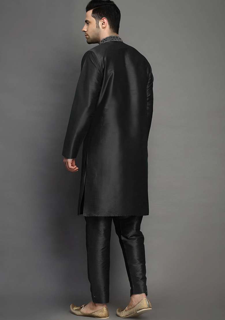 Black Embroidered Silk Blend Kurta Set - Indya