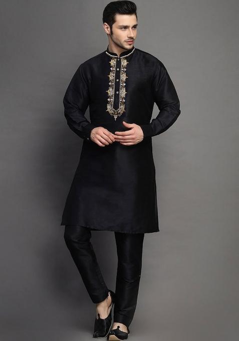 Black Embroidered Silk Kurta Set