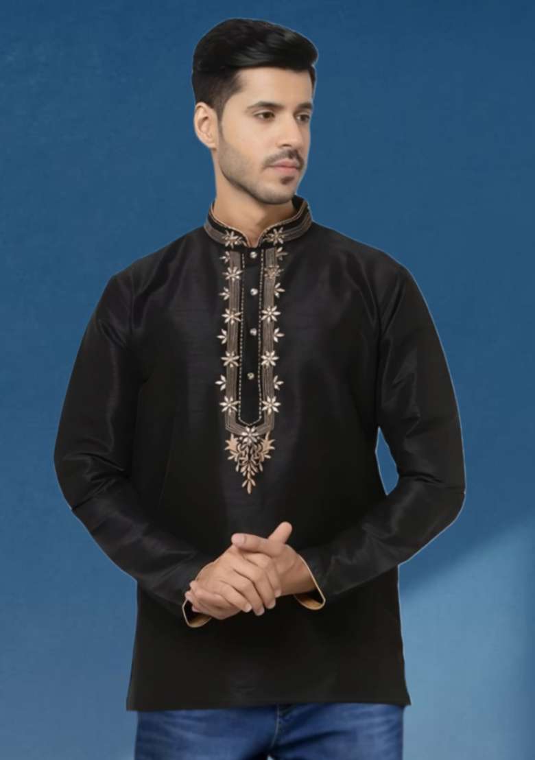 Black Embroidered Silk Blend Kurta Set - Indya