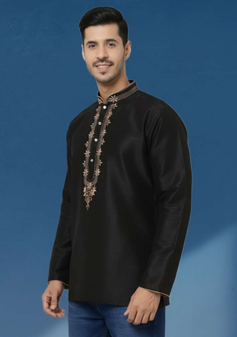 Black Embroidered Silk Blend Kurta Set - Indya