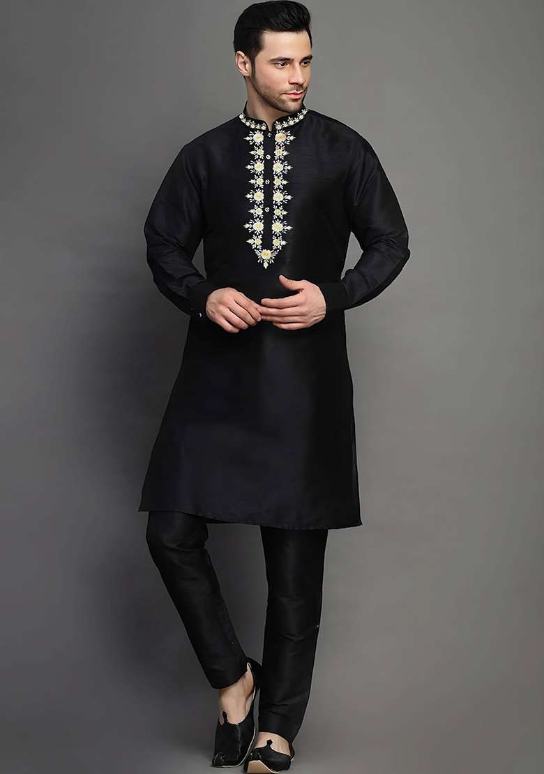 Black Embroidered Silk Blend Kurta Set - Indya