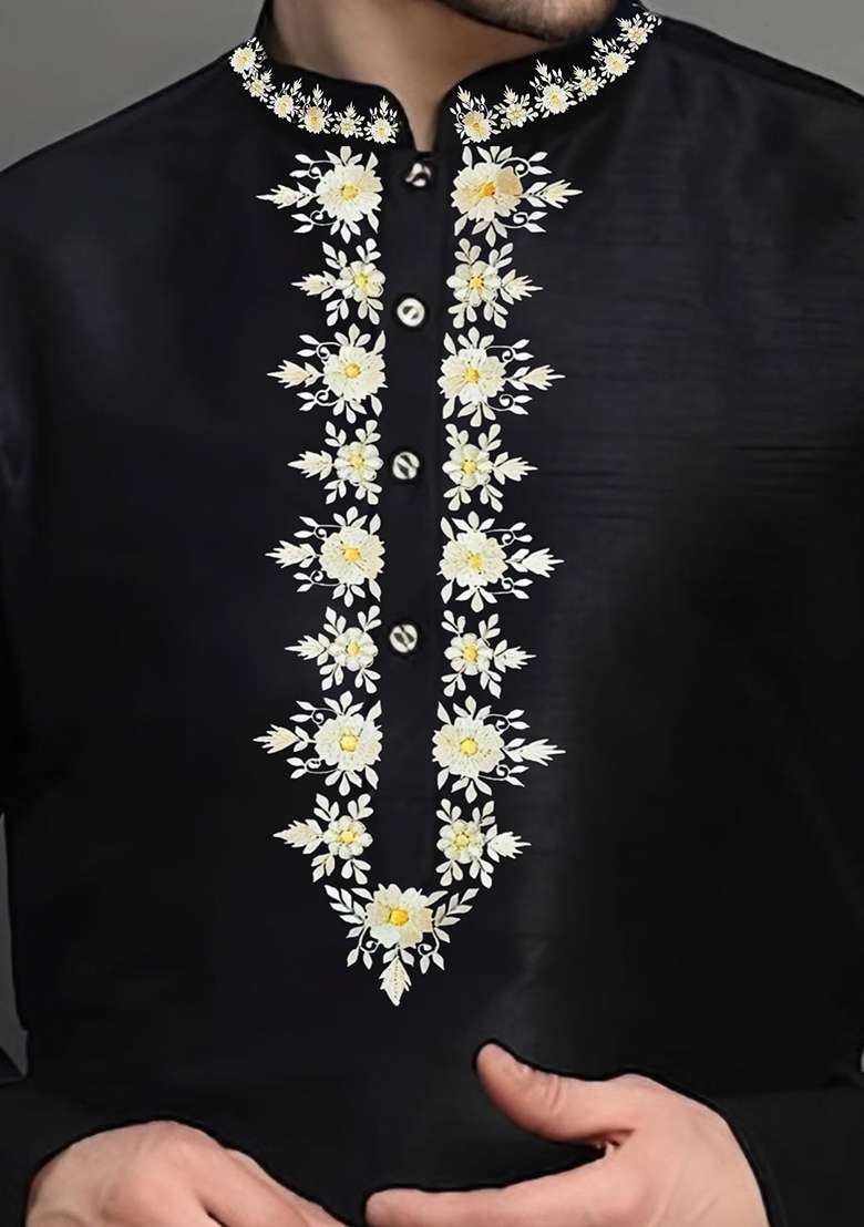 Black Embroidered Silk Blend Kurta Set - Indya