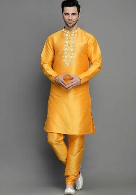 Orangish Yellow Embroidered Silk Kurta Set