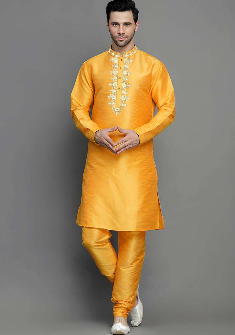 Orangish Yellow Embroidered Silk Blend Kurta Set - Indya