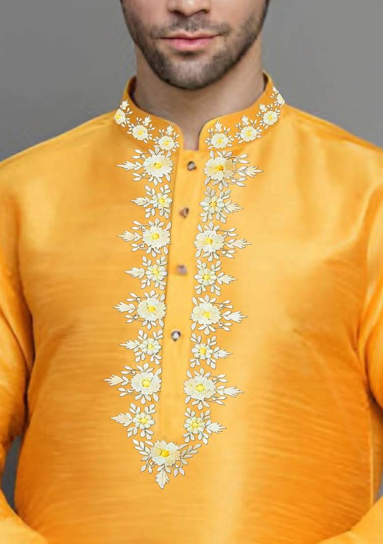 Orangish Yellow Embroidered Silk Blend Kurta Set - Indya