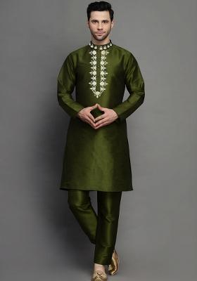 Mahendi Green Embroidered Silk Blend Kurta Set