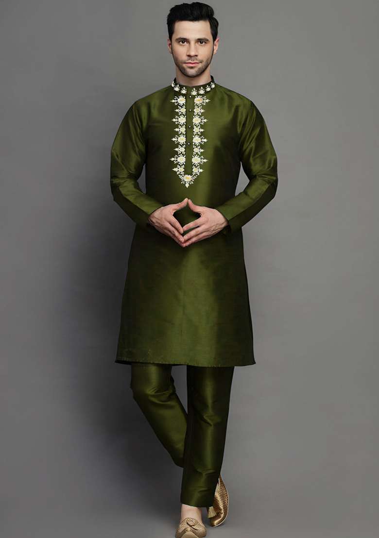 Mahendi Green Embroidered Silk Blend Kurta Set - Indya
