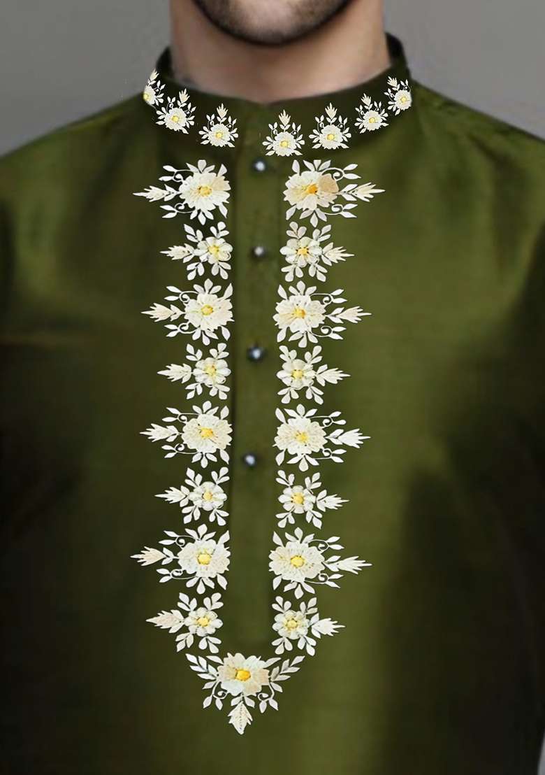 Mahendi Green Embroidered Silk Blend Kurta Set - Indya