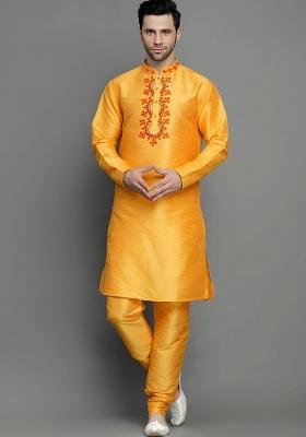 Orangish Yellow Embroidered Silk Kurta Set