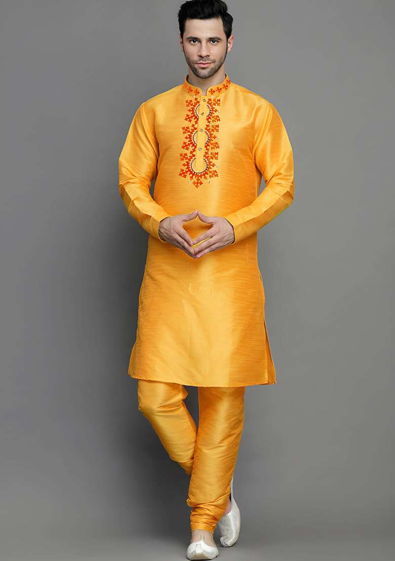 Orangish Yellow Embroidered Silk Blend Kurta Set - Indya