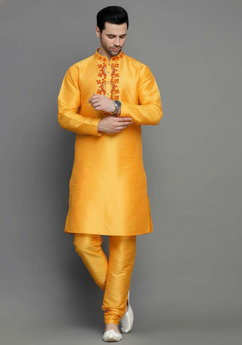 Orangish Yellow Embroidered Silk Blend Kurta Set - Indya