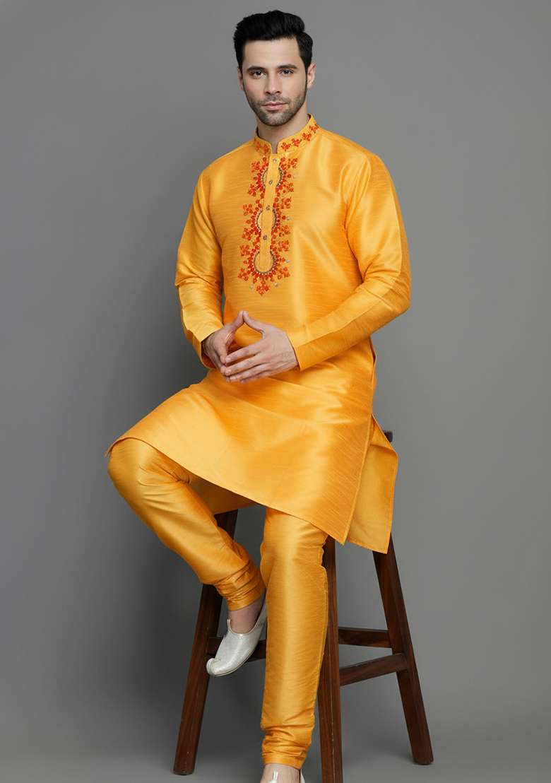 Orangish Yellow Embroidered Silk Blend Kurta Set - Indya