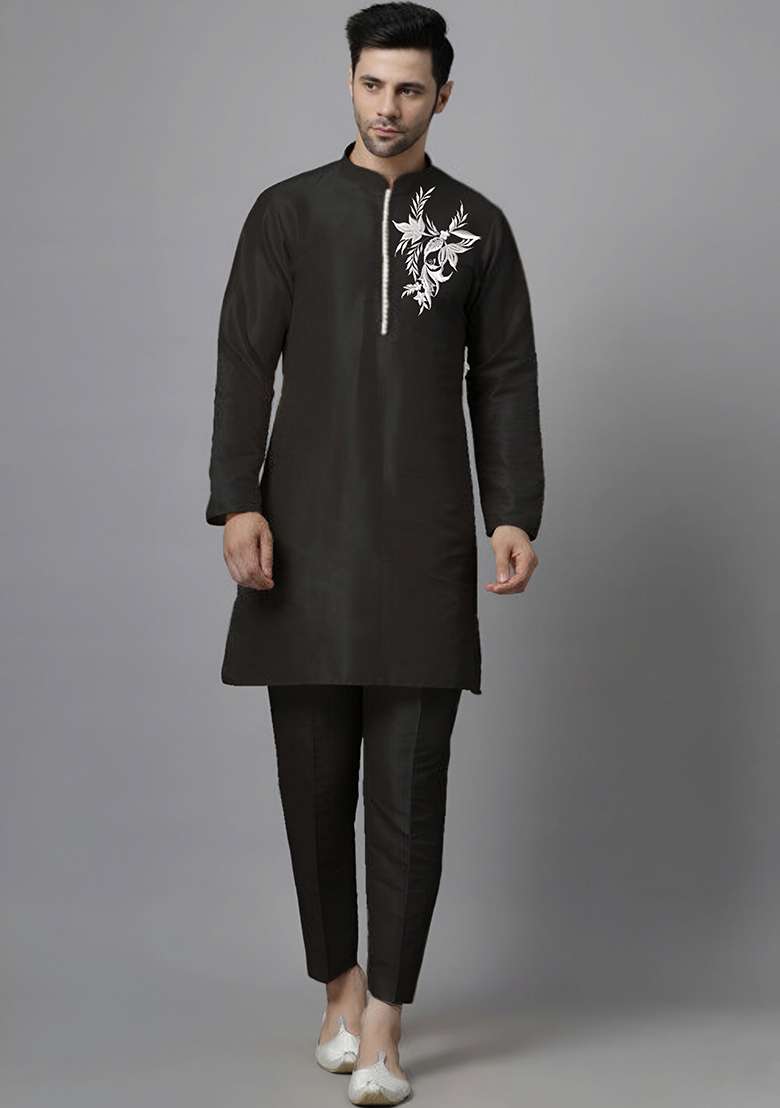 Black Embroidered Silk Blend Kurta Set - Indya