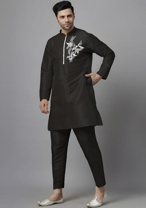 Black Embroidered Silk Kurta Set