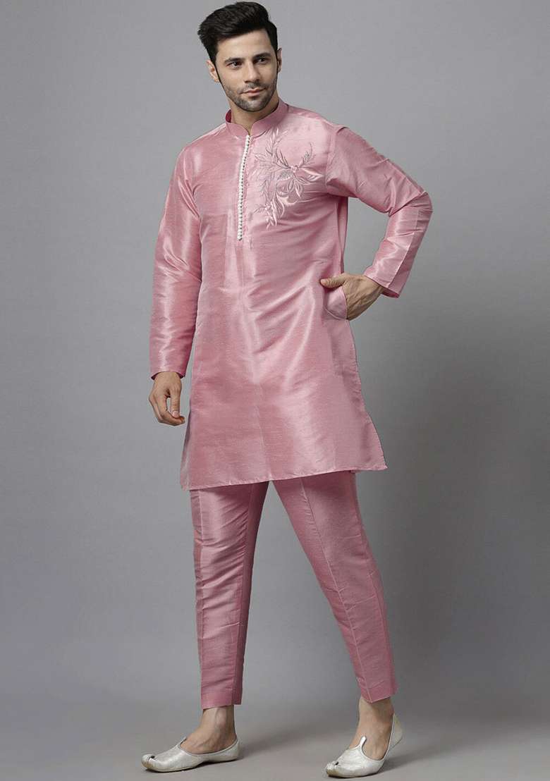Pink Embroidered Silk Blend Kurta Set - Indya
