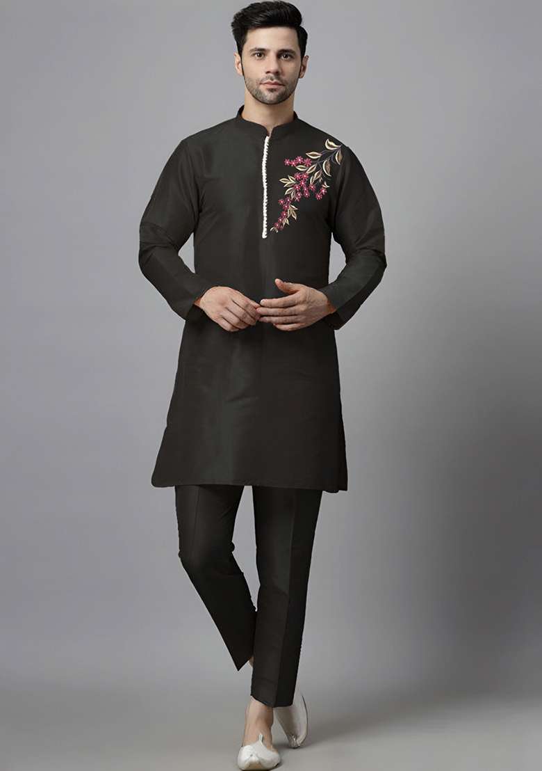 Black Embroidered Silk Blend Kurta Set - Indya