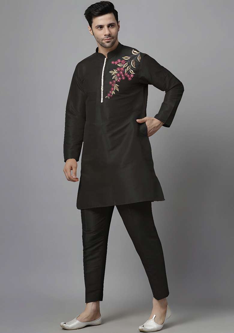 Black Embroidered Silk Blend Kurta Set - Indya