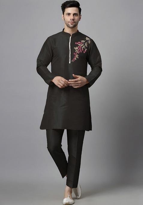Black Embroidered Silk Kurta Set