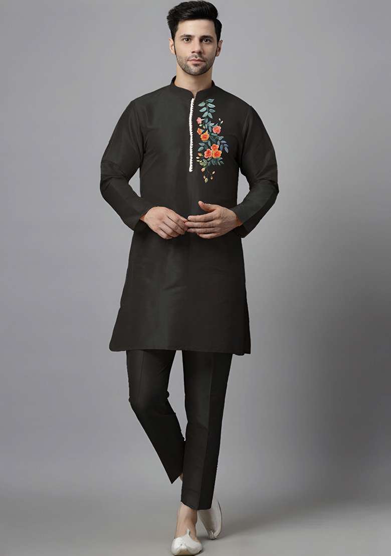 Black Embroidered Silk Blend Kurta Set - Indya