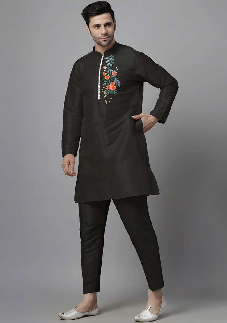 Black Embroidered Silk Blend Kurta Set - Indya