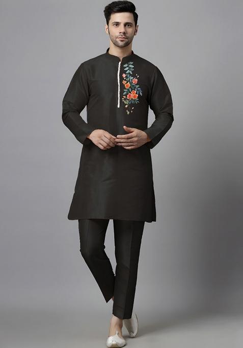 Black Embroidered Silk Kurta Set