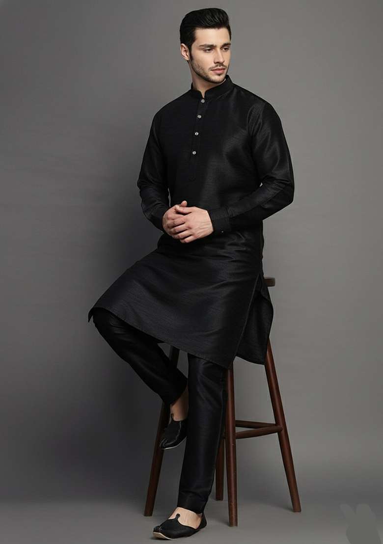 Black Embroidered Silk Blend Kurta Set - Indya