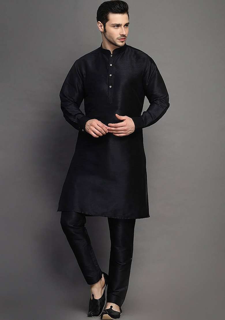 Black Embroidered Silk Blend Kurta Set - Indya