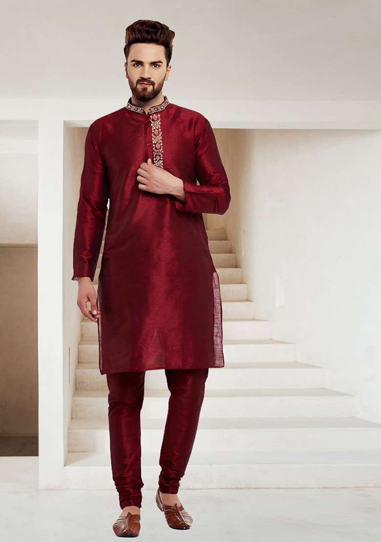 Maroon Embroidered Silk Blend Kurta Set - Indya