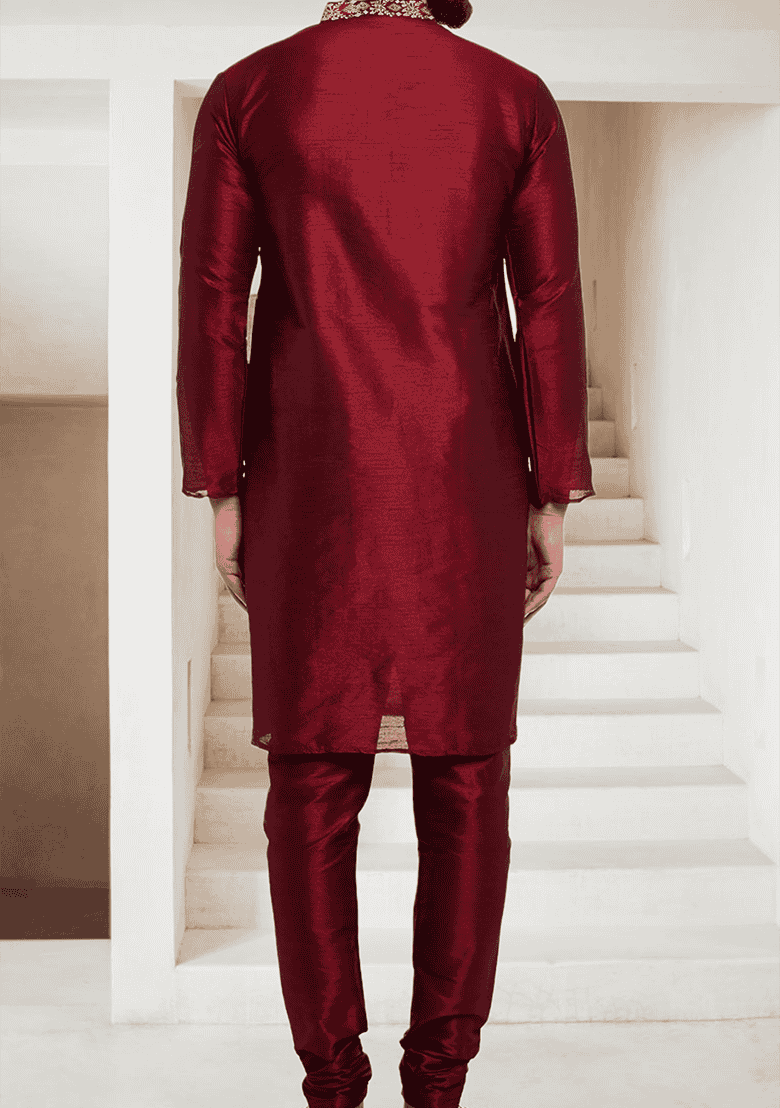 Maroon Embroidered Silk Blend Kurta Set - Indya