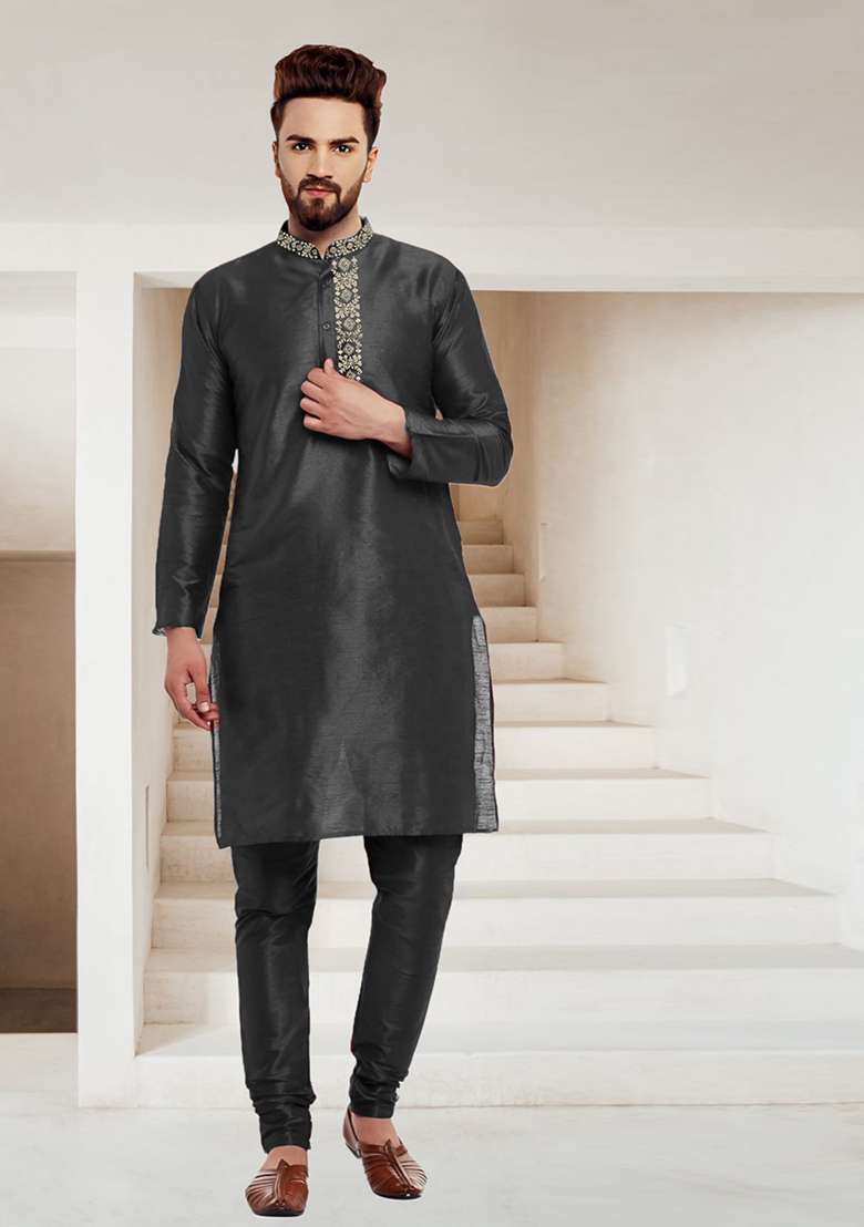 Black Embroidered Silk Blend Kurta Set - Indya