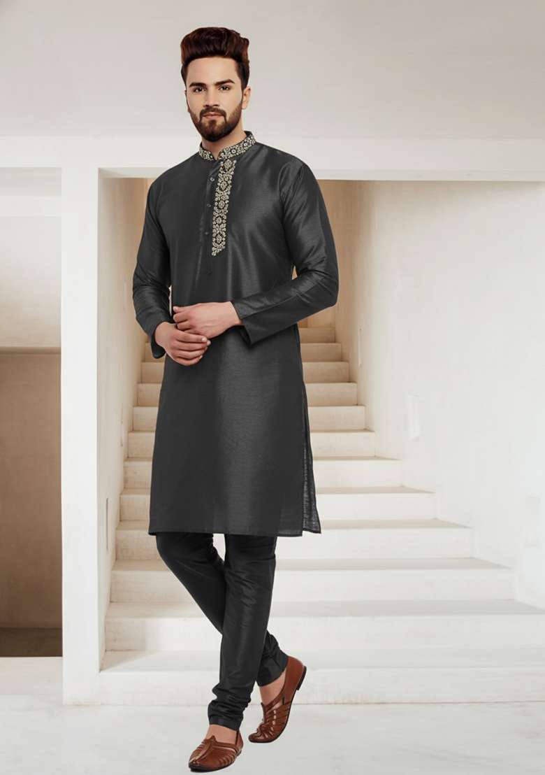 Black Embroidered Silk Blend Kurta Set - Indya