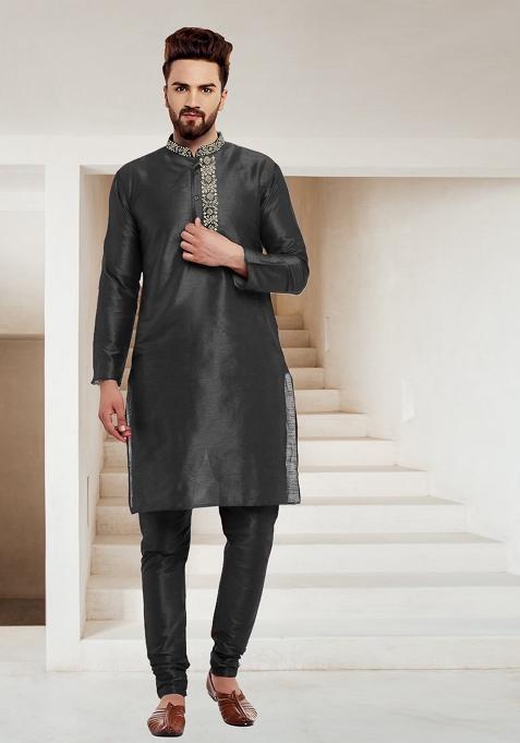 Black Embroidered Silk Kurta Set