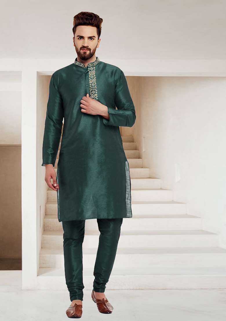 Bottle Green Embroidered Silk Blend Kurta Set - Indya