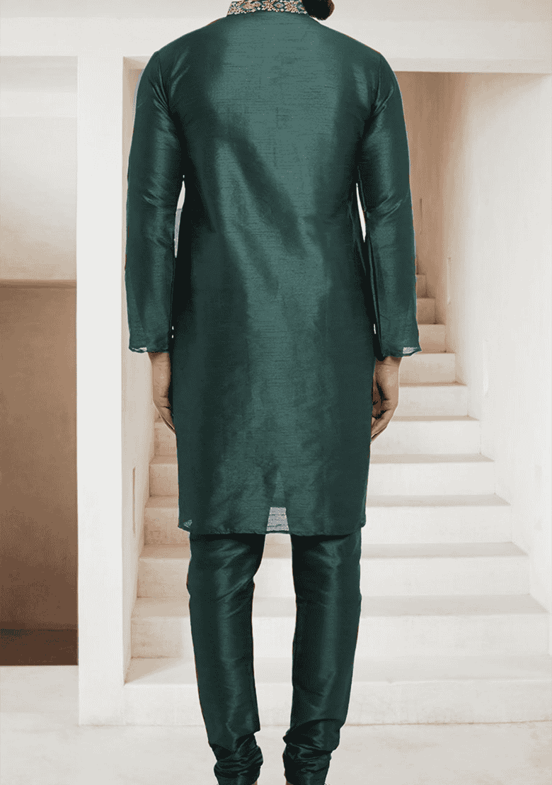 Bottle Green Embroidered Silk Blend Kurta Set - Indya