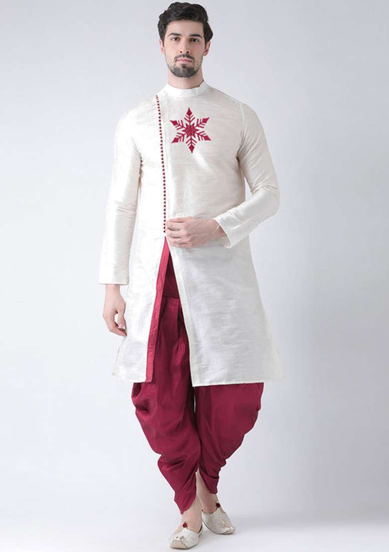 White Embroidered Silk Blend Kurta Set - Indya