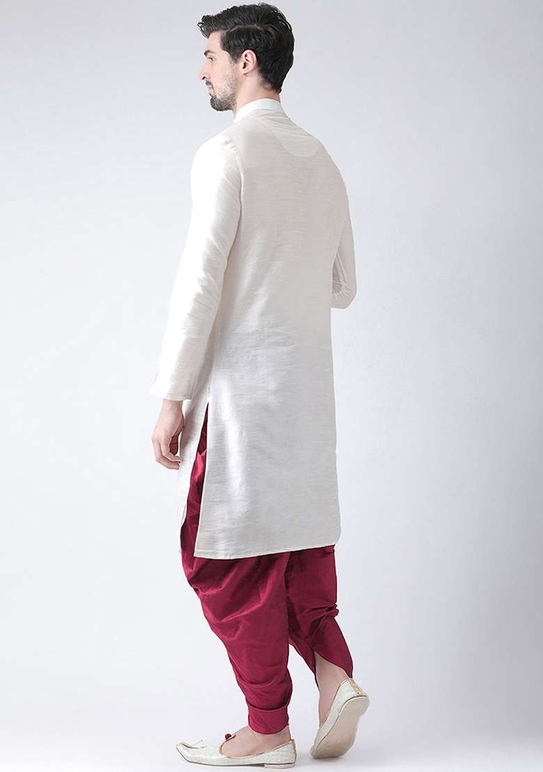 White Embroidered Silk Blend Kurta Set - Indya