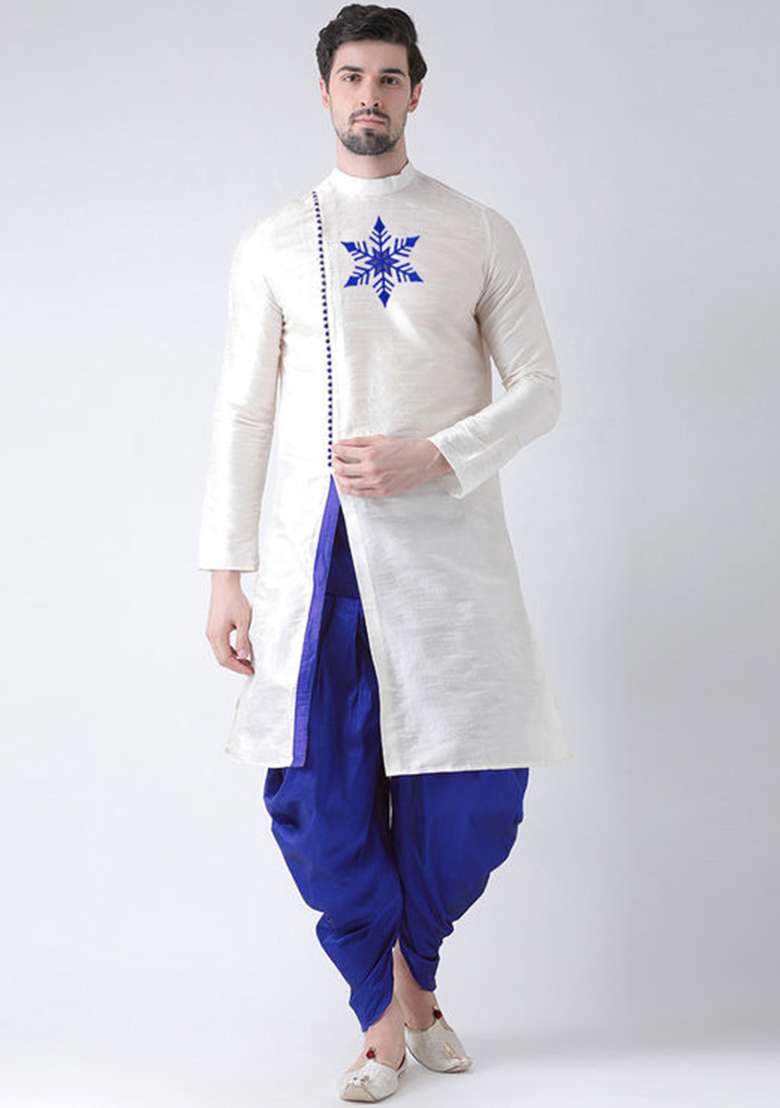 White Embroidered Silk Blend Kurta Set - Indya