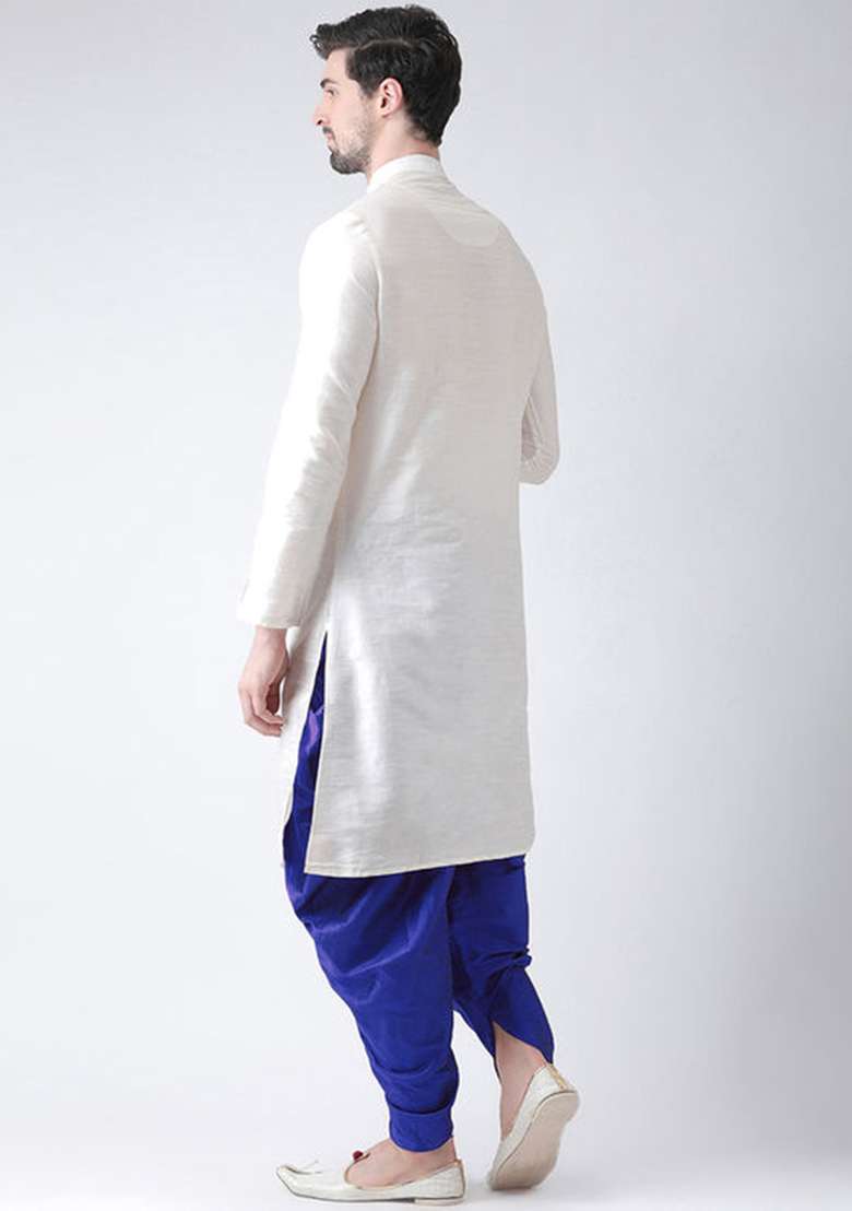 White Embroidered Silk Blend Kurta Set - Indya