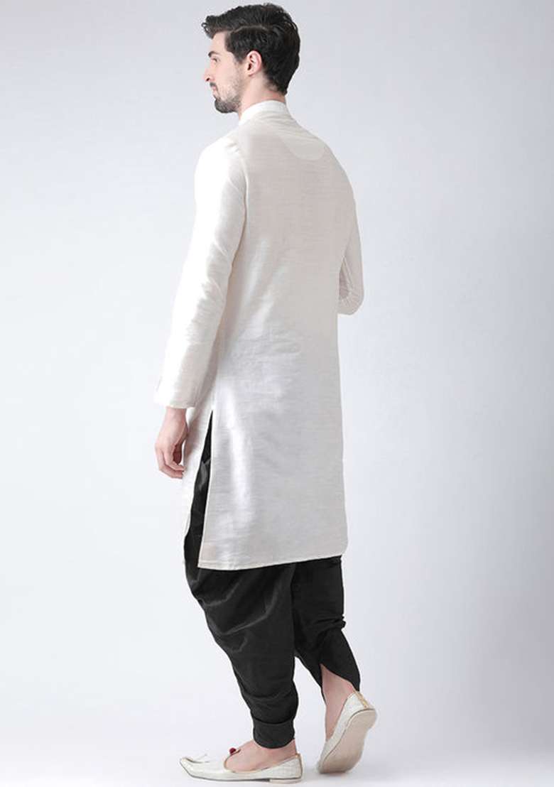 White Embroidered Silk Blend Kurta Set - Indya