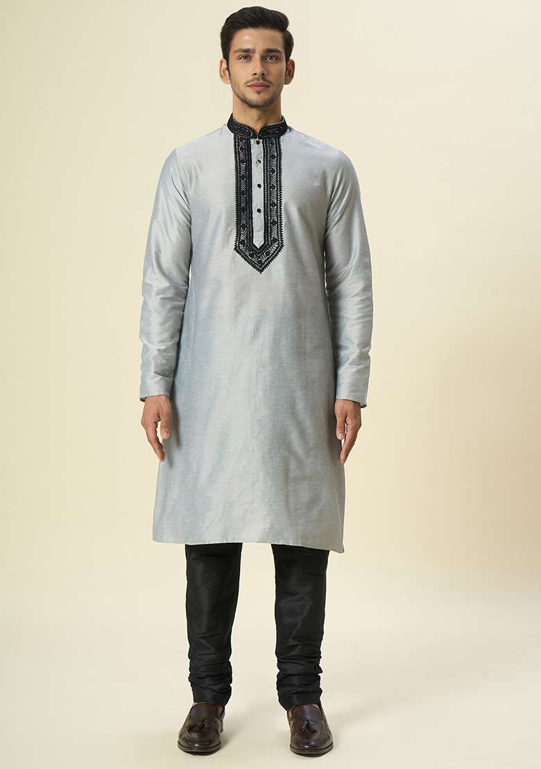 Grey Embroidered Silk Blend Kurta Set - Indya