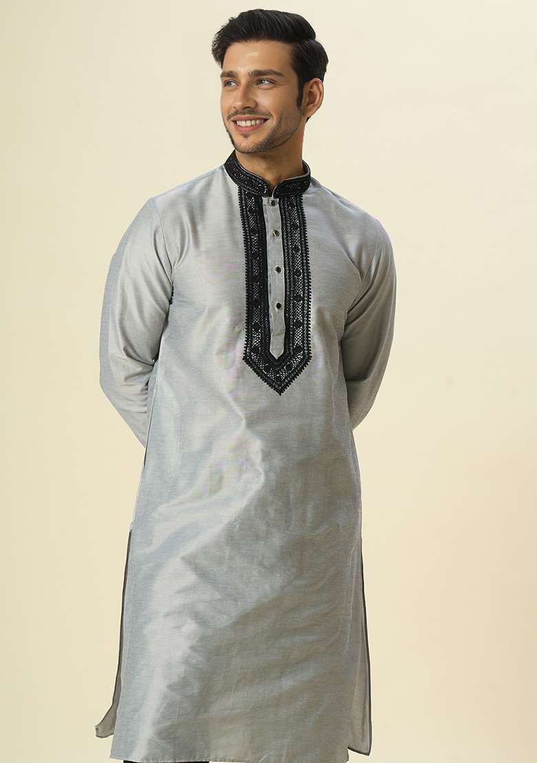 Grey Embroidered Silk Blend Kurta Set - Indya