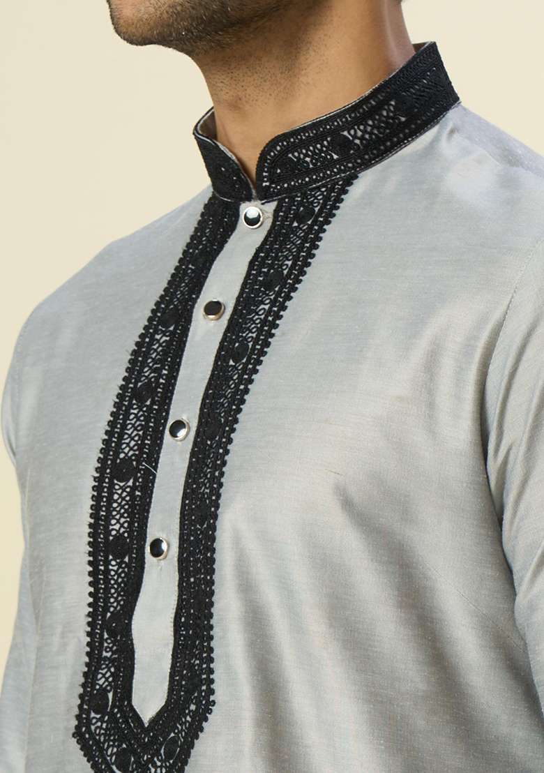 Grey Embroidered Silk Blend Kurta Set - Indya