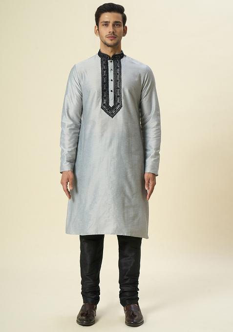 Grey Embroidered Silk Kurta Set
