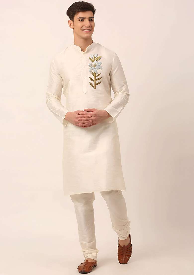 Cream Embroidered Silk Blend Kurta Set - Indya